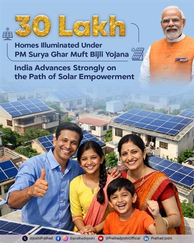 प्रधानमंत्री ने पीएम सूर्य घर योजना के तहत 30 लाख घरों द्वारा रूफटॉप सोलर अपनाने की उपलब्धि की सराहना की